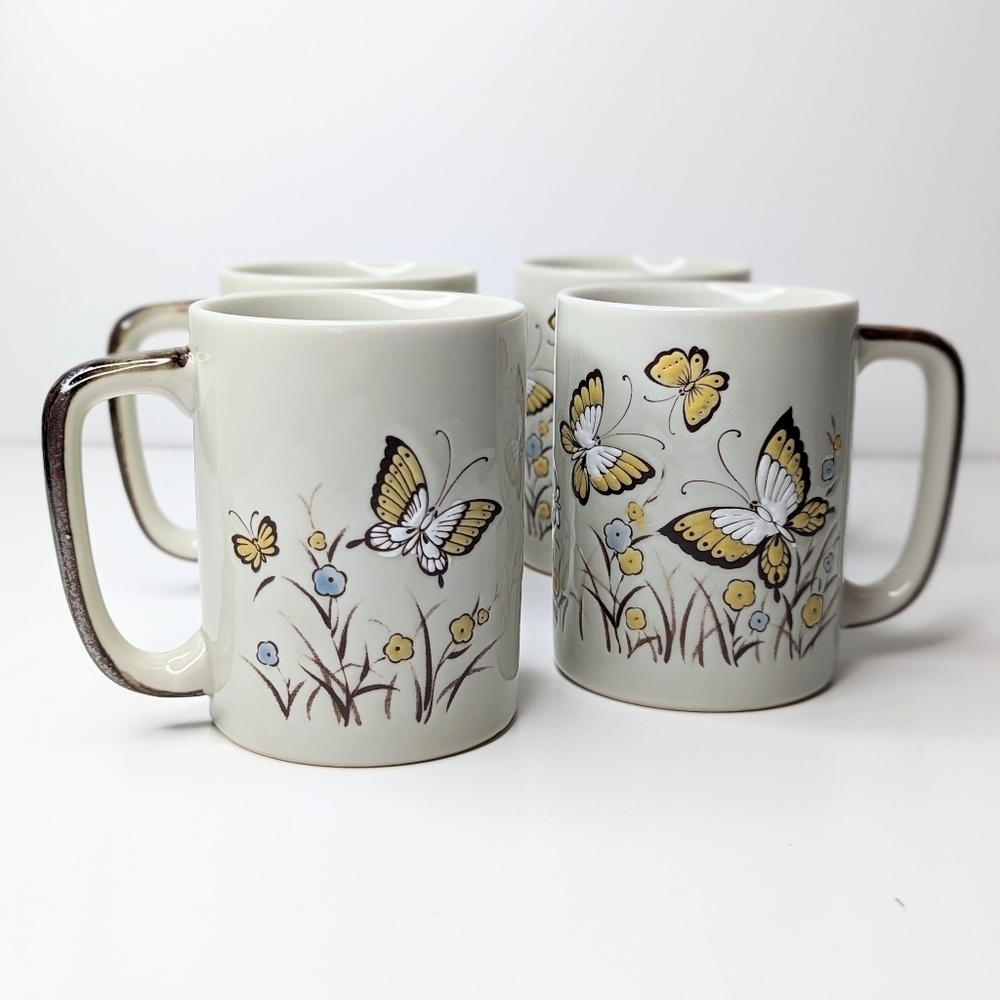 Vintage stoneware Otagiri butterfly coffee cups set of 4 brown gold blue